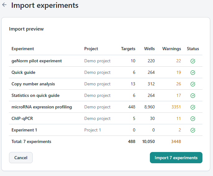 Clarida import preview screen showing seven qbase+ experiments ready to import, with totals for targets, wells, and validation warnings.