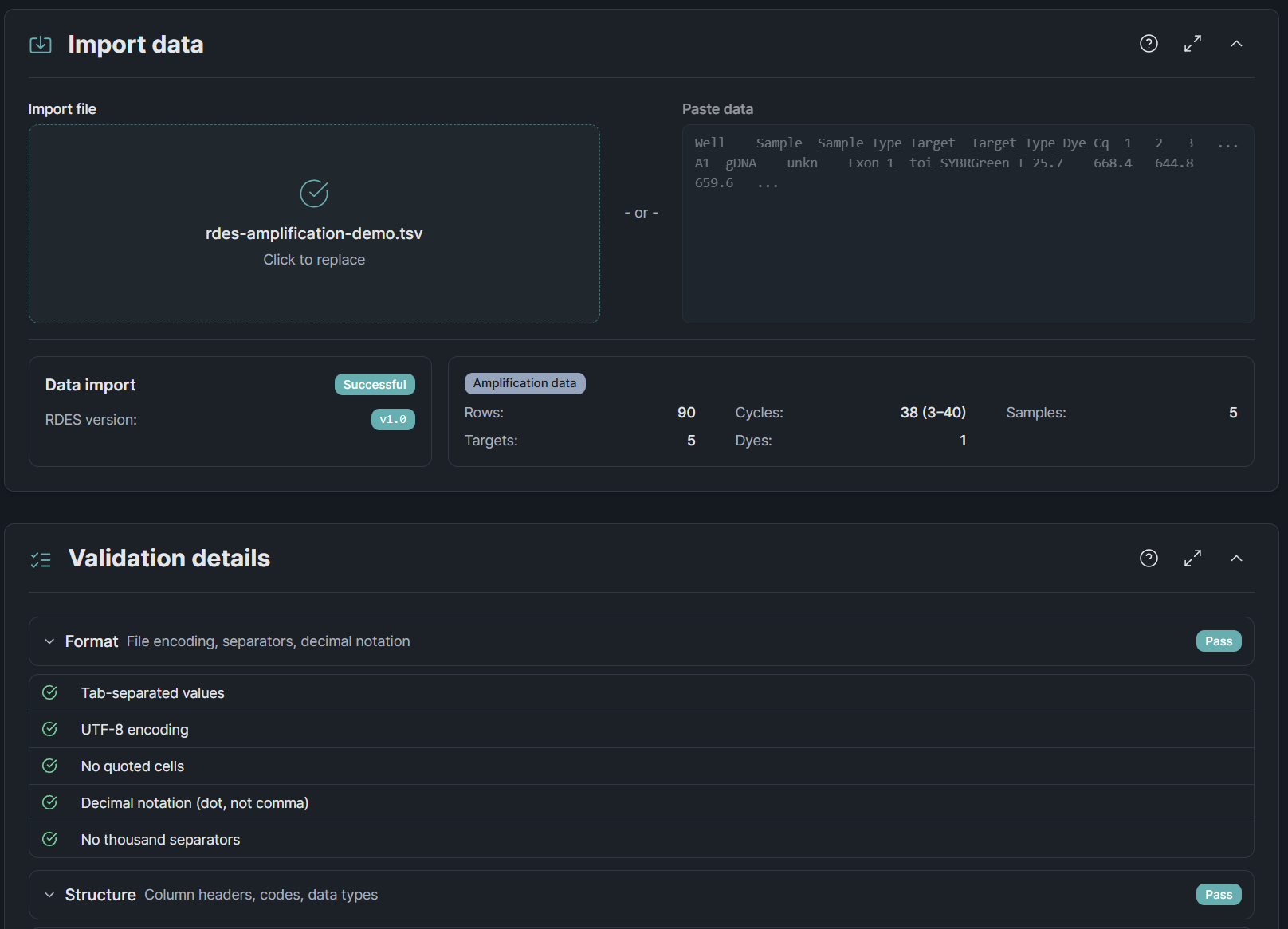 RDES Validator showing a successful import of an amplification TSV file with 90 rows, 5 targets, and detailed format validation results