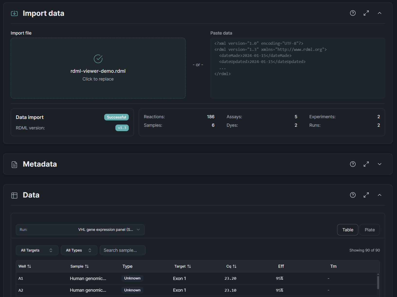 RDML Viewer showing a successful import of an RDML v1.3 file with 186 reactions, metadata section, and data table with Cq values and efficiencies