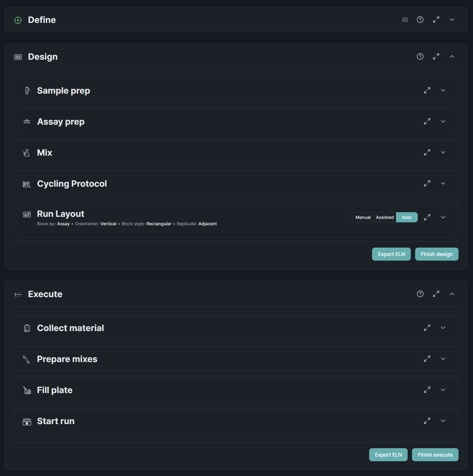 The Design and Execute phases showing Sample prep, Assay prep, Mix, Cycling Protocol, Run Layout in Design, and Collect material, Prepare mixes, Fill plate, Start run in Execute