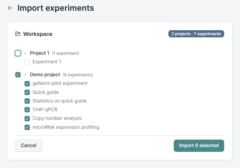 qbase+ import dialog showing experiment selection and an overview of what will be imported, including samples, assays, runs, and analysis results