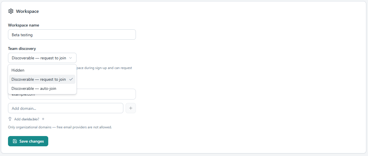 Workspace settings showing workspace name, Team discovery dropdown (Hidden, Discoverable — request to join, Discoverable — auto-join), and the approved domains panel restricted to organizational domains