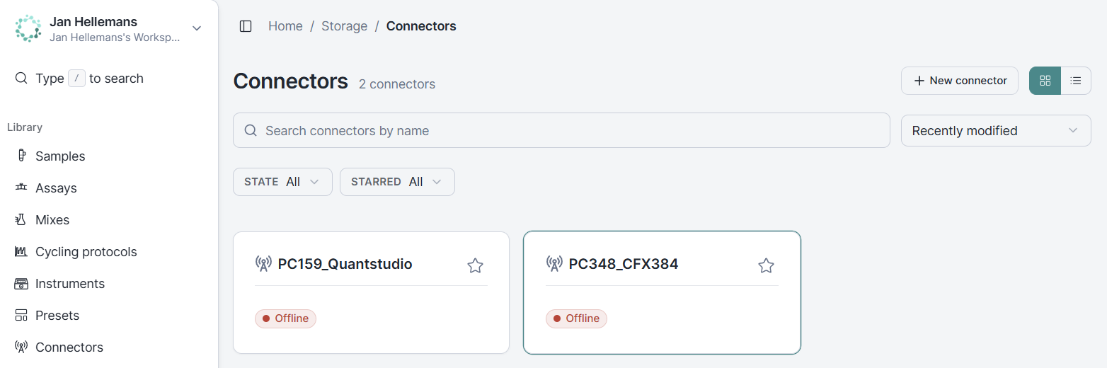 The Connectors page, reached from Library in the sidebar, listing two connectors named PC159_Quantstudio and PC348_CFX384, both currently offline, with a New connector button at the top right